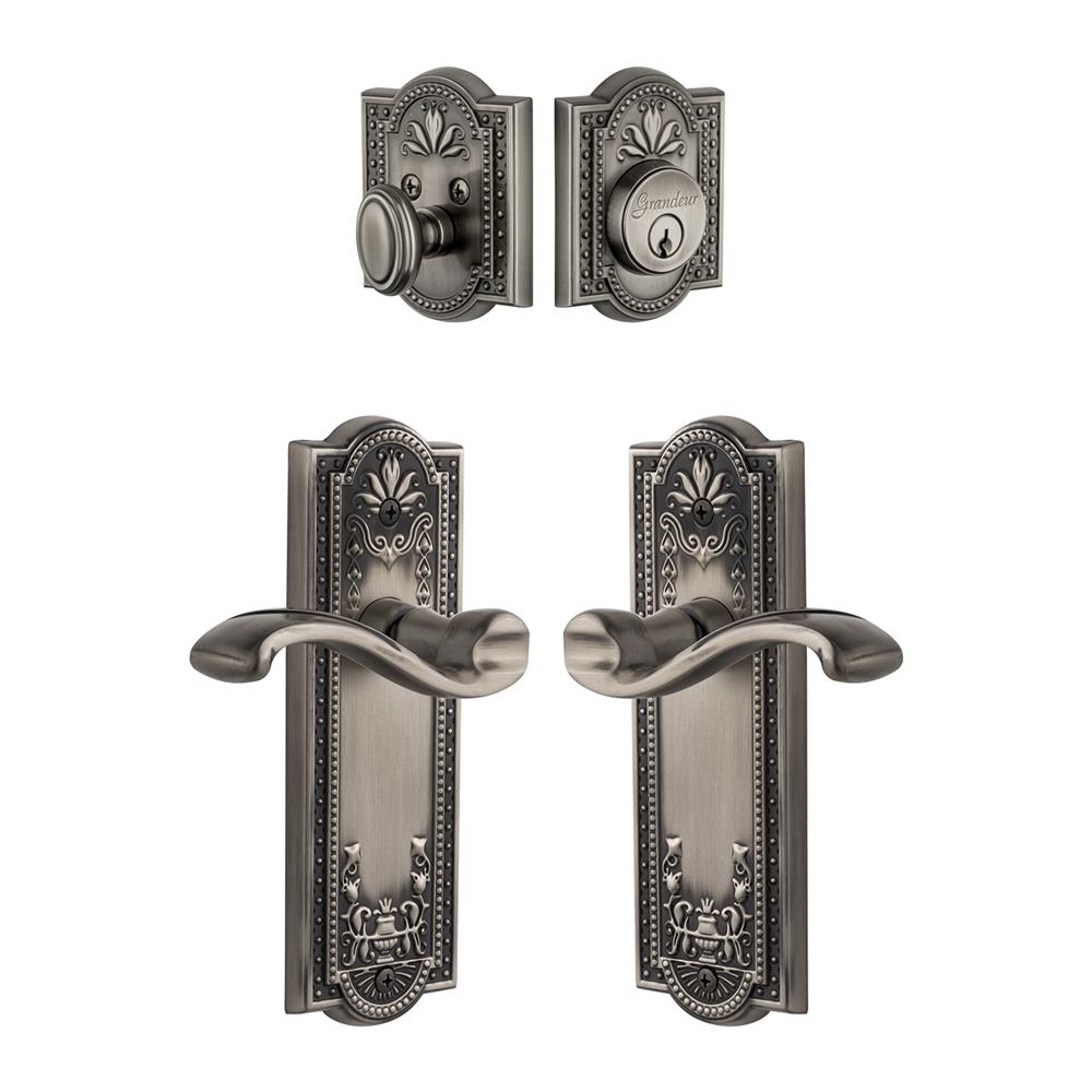Grandeur by Nostalgic Warehouse Single Cylinder Combo Pack Keyed Differently - Parthenon Plate with Portofino Lever and Matching Deadbolt in Antique Pewter